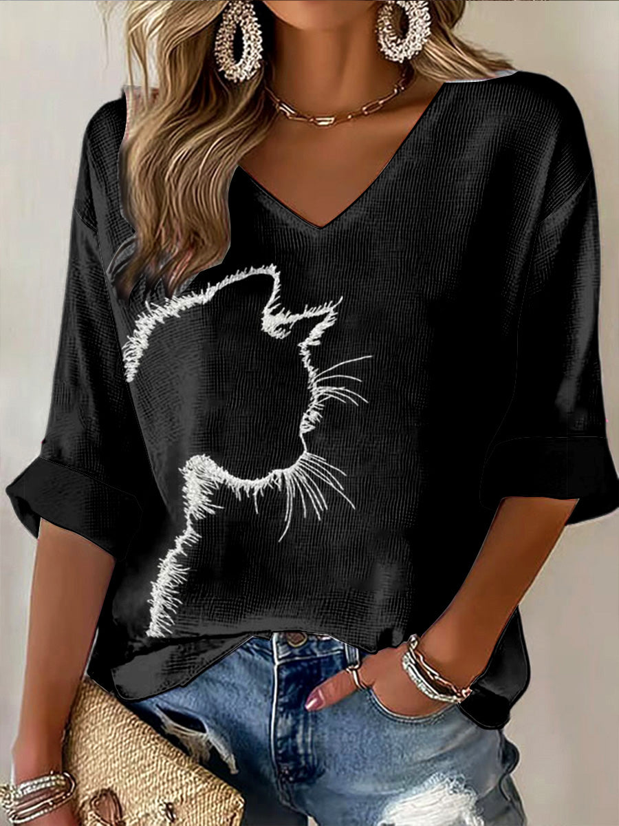 Gato masculino bordado impressão preta Casual V-Neck manga comprida