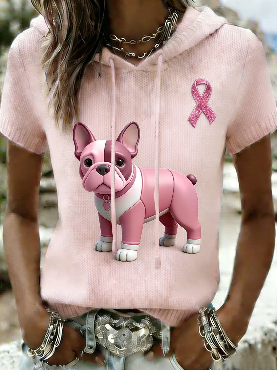Retro Bulldog mama câncer consciência das mulheres Casual manga curta malha t-shirt