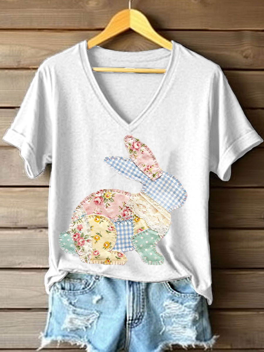 T-shirt bonito do coelho Patchwork padrão v-Neck feminino