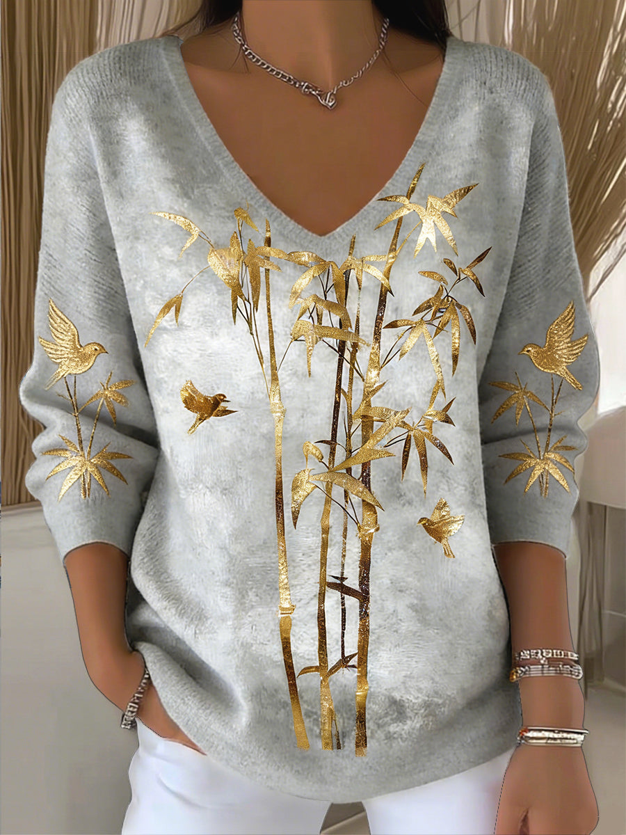 Floral e Bird Glitter Imprimir Moda Cinza V-Neck Camisola das mulheres