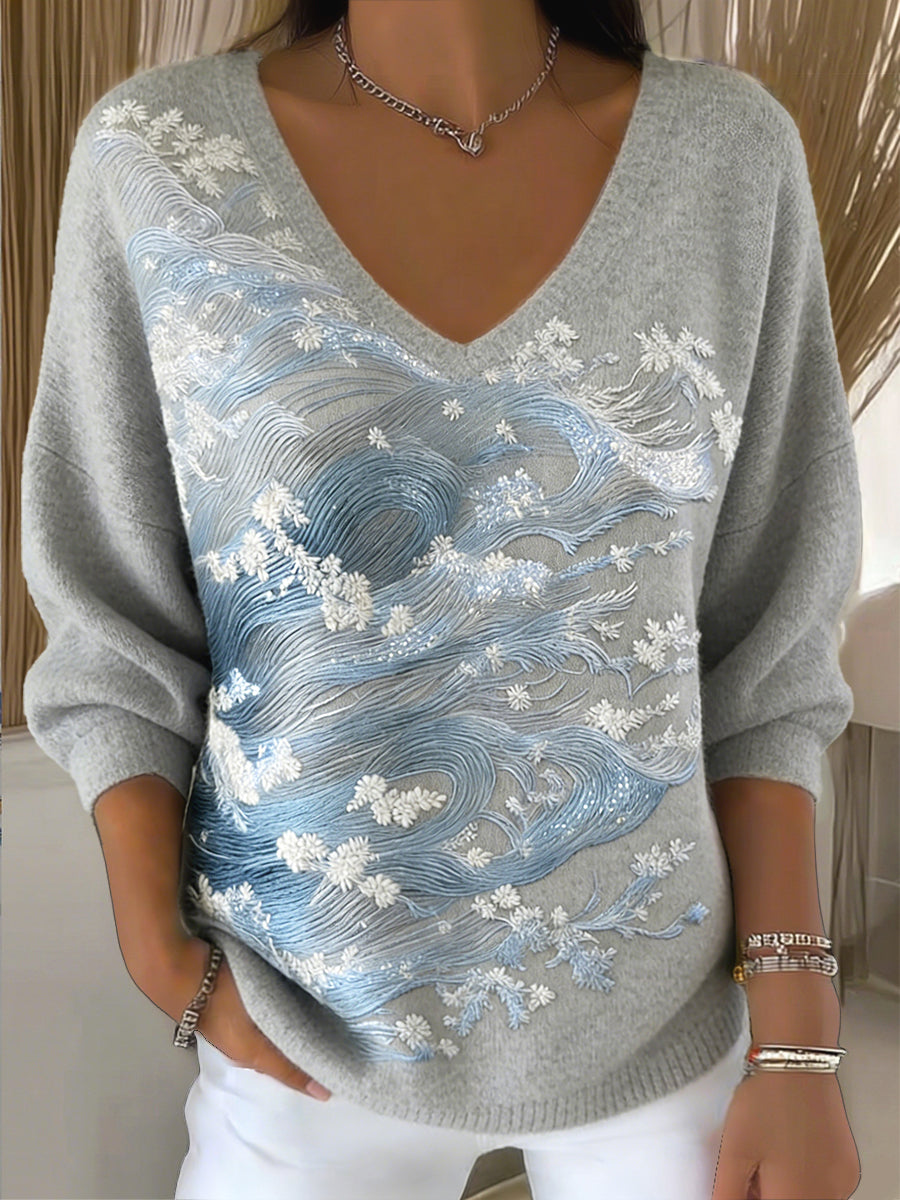 Cinza Glitter Imprimir Moda camisola v-Neck feminino