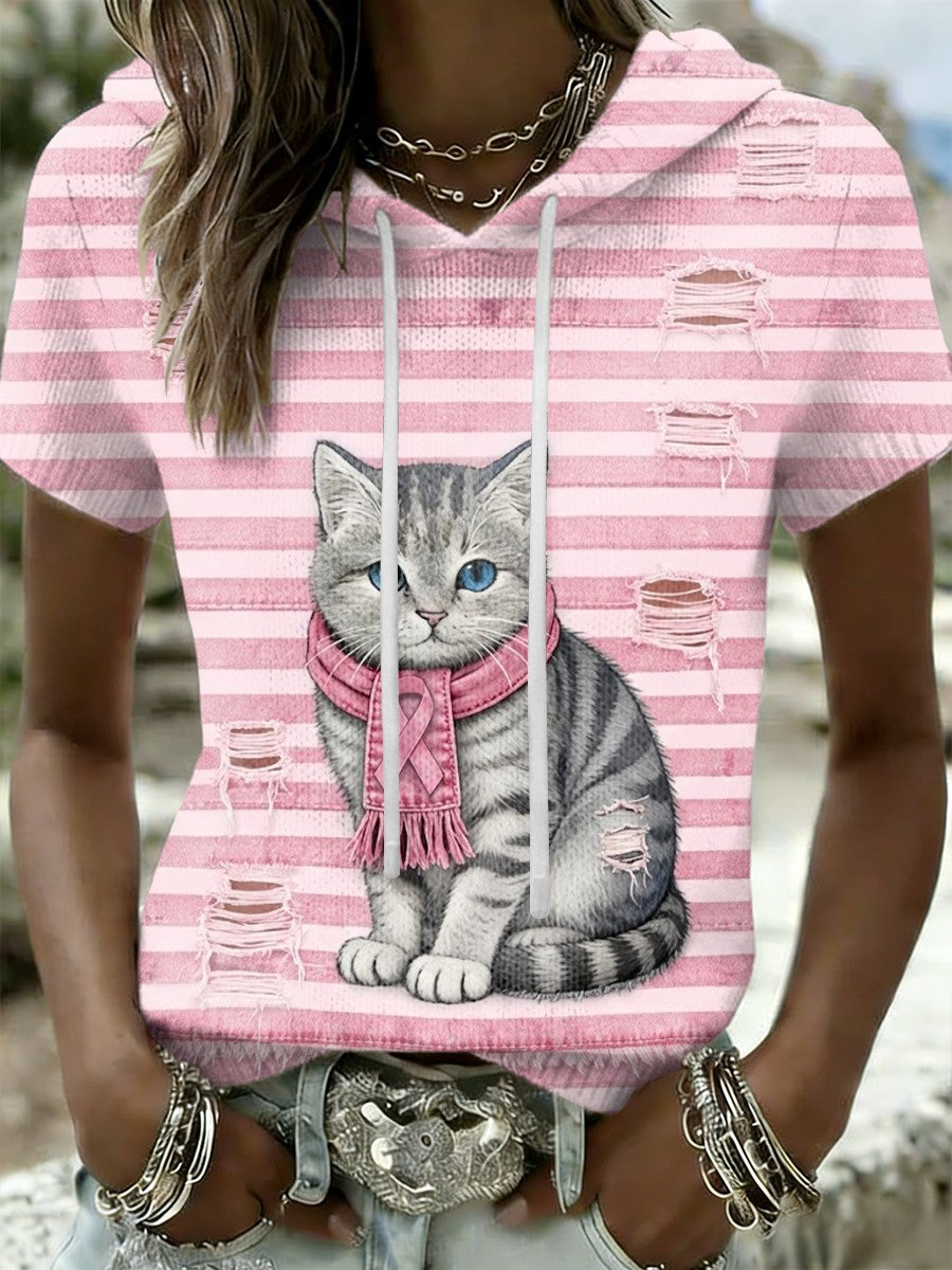 Consciência do câncer de mama gato bonito retro feminino Casual manga curta camiseta