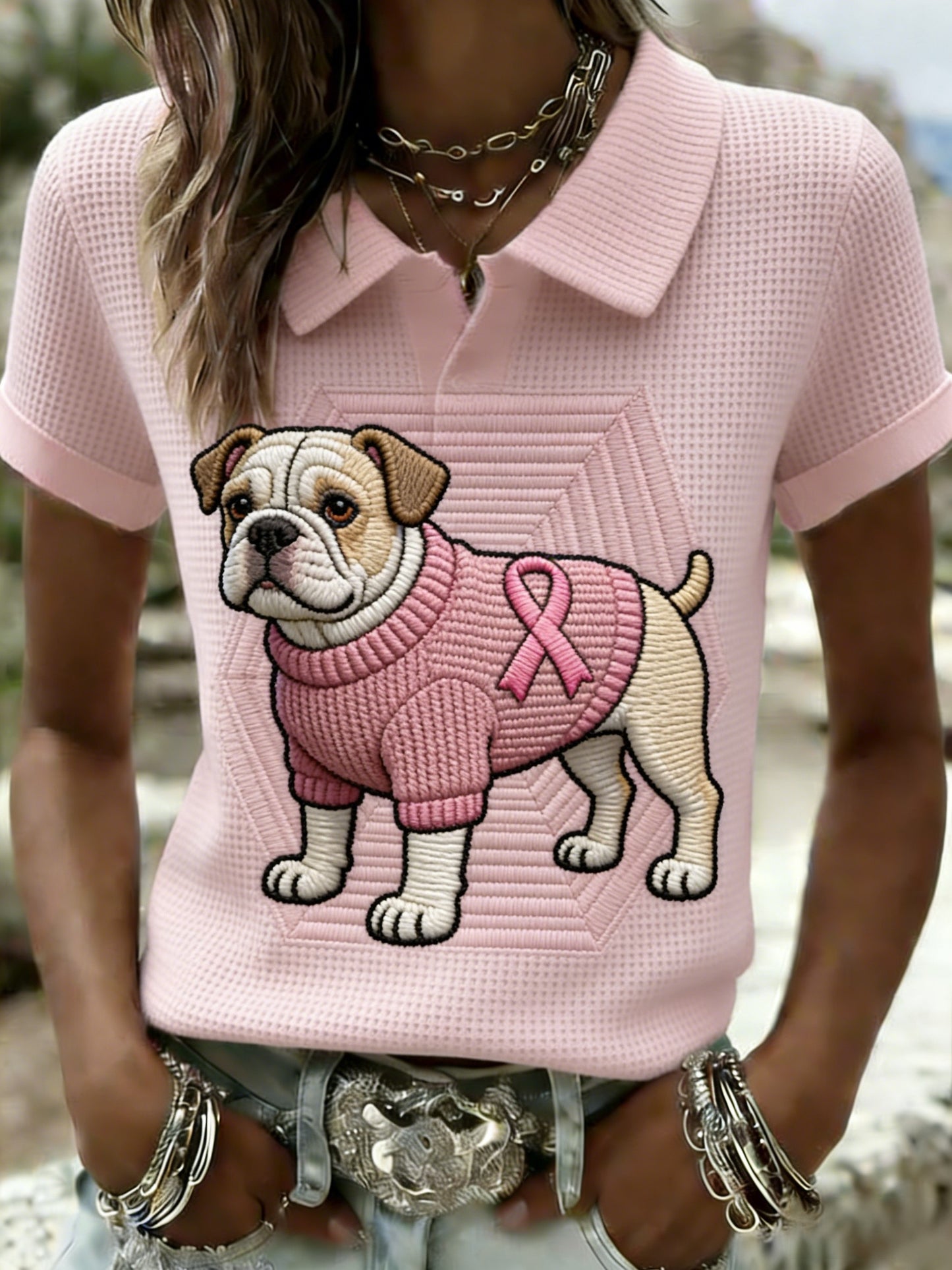 Consciência Retro Bulldog câncer de mama feminino Casual Waffle camiseta