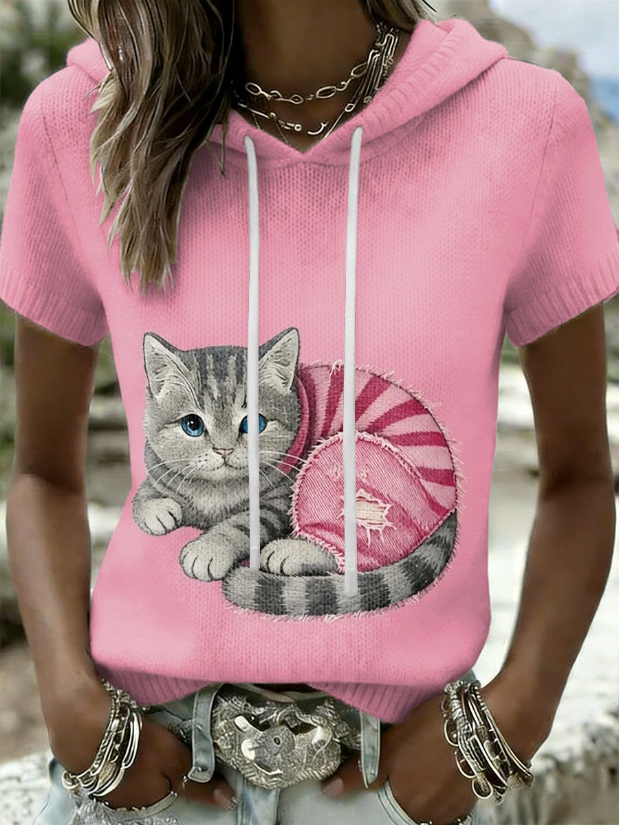 Consciência do câncer de mama gato bonito retro feminino Casual manga curta camiseta