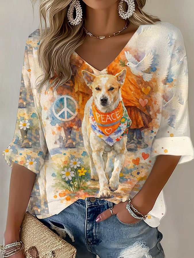 Caminhada das mulheres para a paz Aloka Dog impresso Waffle T-shirt