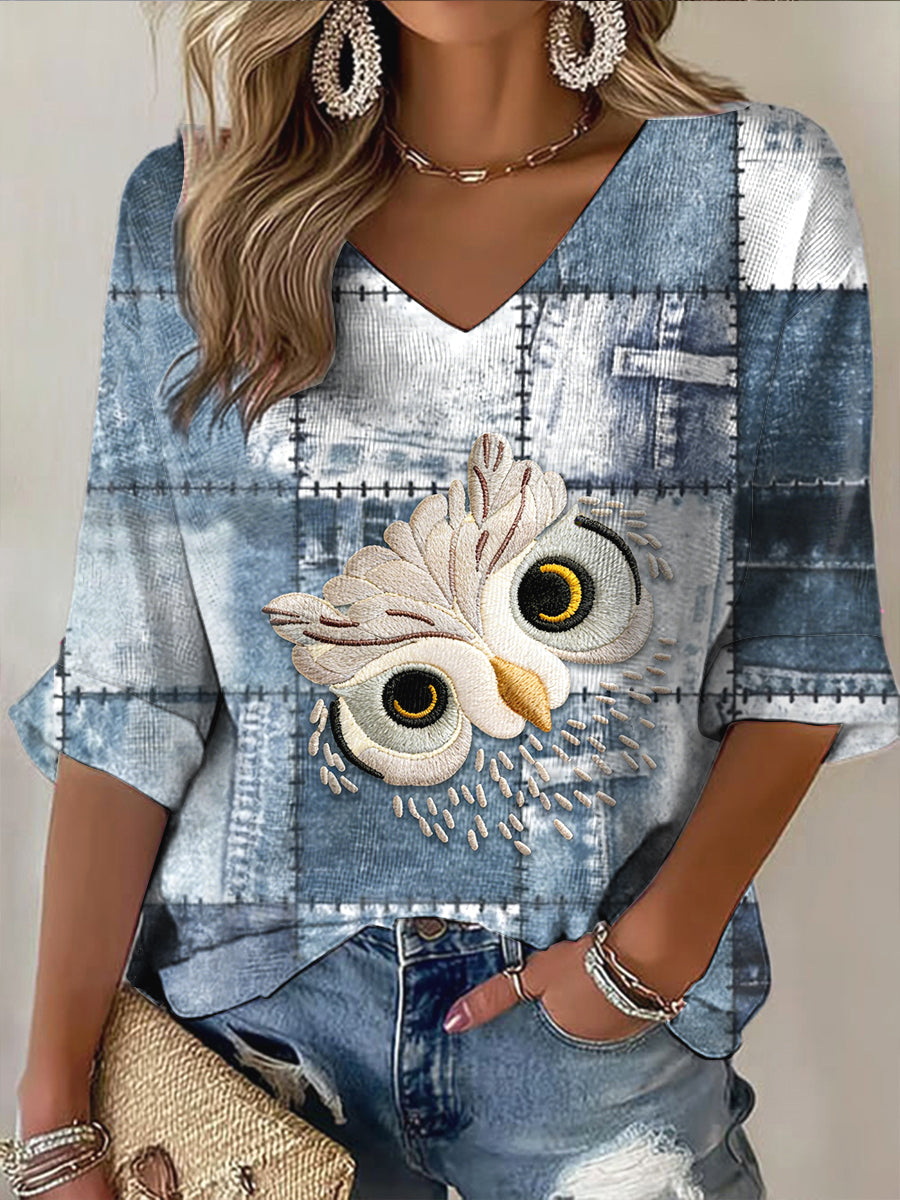 Bonito coruja impressão Denim Patchwork v-Neck manga comprida feminino