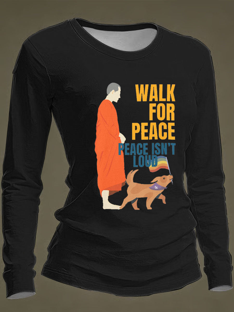 Camiseta de manga comprida casual estampada Camiseta para a paz das mulheres