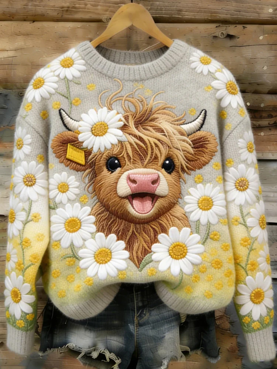 Arte Floral bonito das mulheres Highland vaca camisola acolhedora