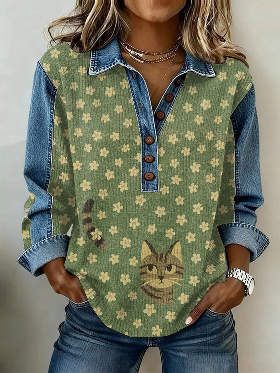 Gato Retro Feminino Imprimir Top Casual de Manga Longa