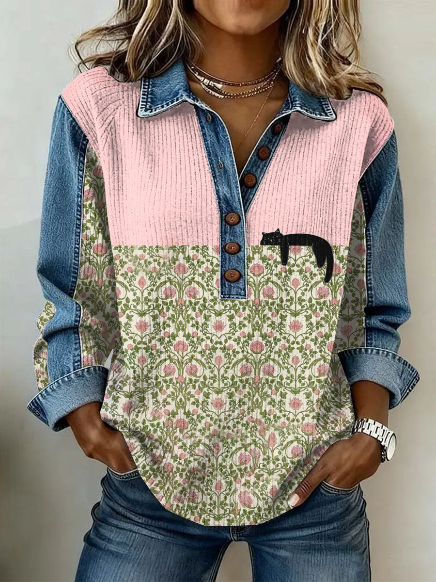 Gato Retro feminino Imprimir Casual Top de manga comprida