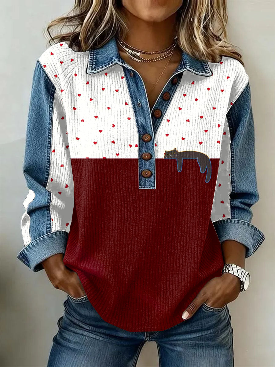 Gato Retro feminino Imprimir Casual Top de manga comprida