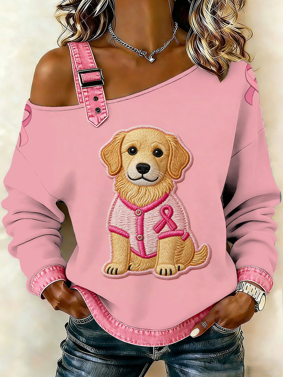 Câncer de mama feminino impresso um ombro Suspender Casual Sweater