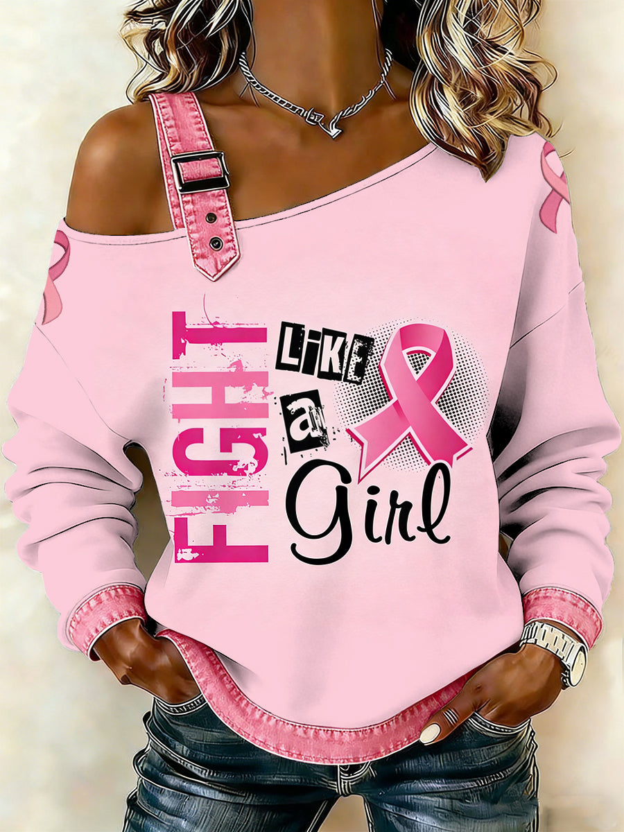 Câncer de mama feminino impresso um ombro Suspender Casual Sweater