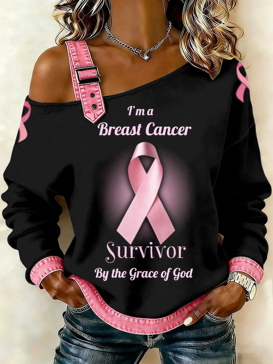 Câncer de mama feminino impresso um ombro Suspender Casual Sweater