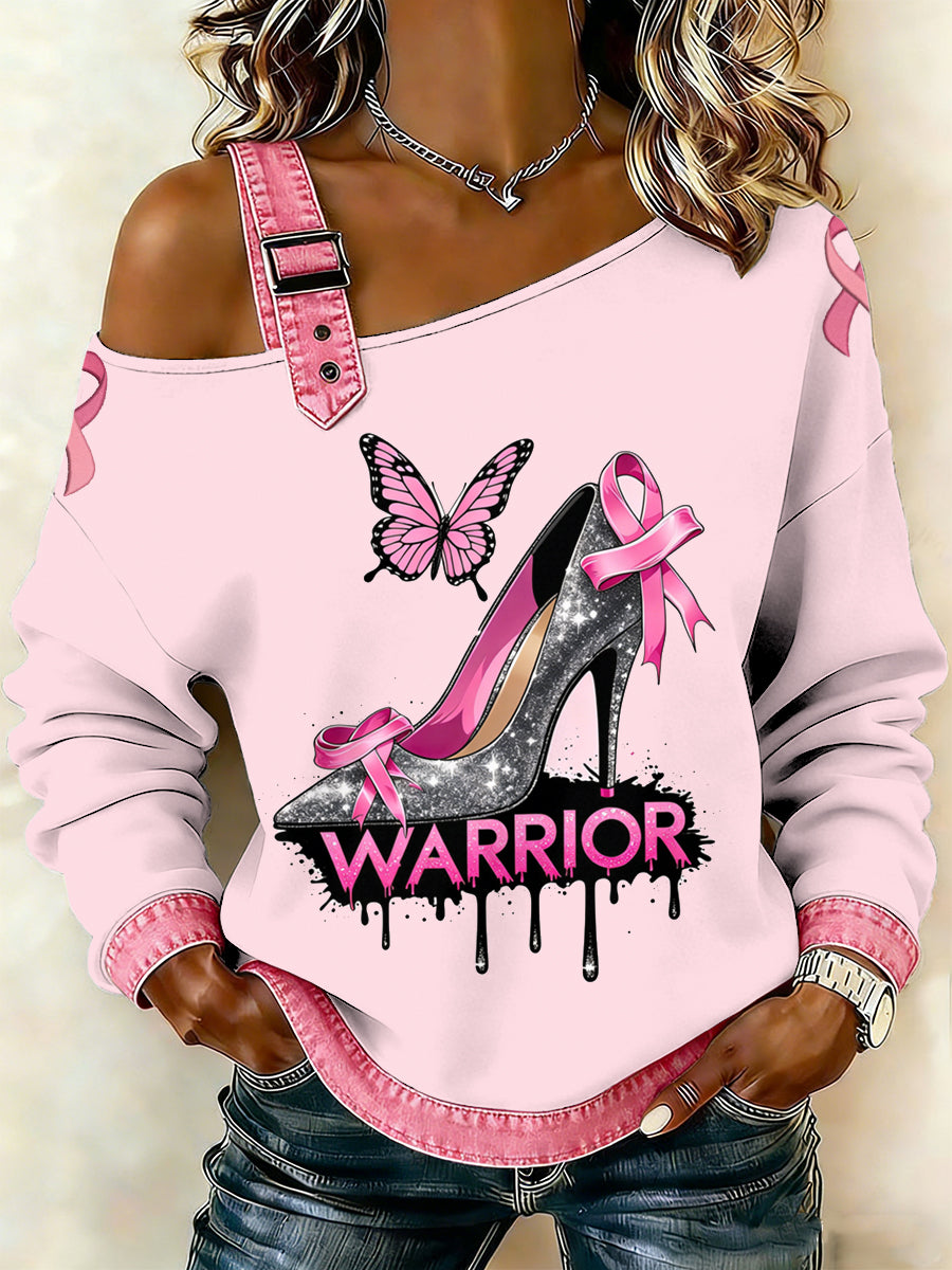 Câncer de mama feminino impresso um ombro Suspender Casual Sweater