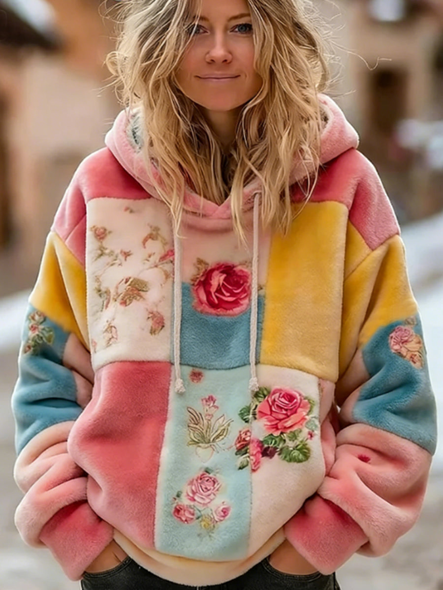 Hoodie de flanela padrão retro boêmio Floral feminino