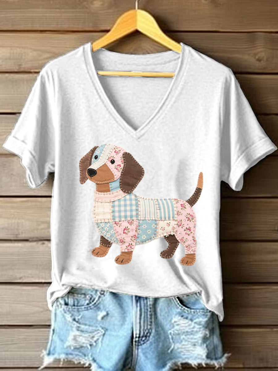 Patchwork arte Dachshund padrão v-Neck t-shirt do mulheres