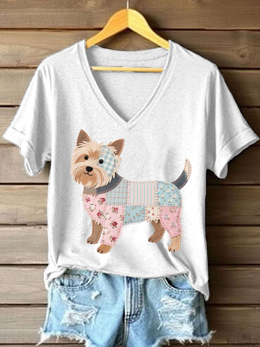 Patchwork arte Yorkshire Terrier padrão v-Neck t-shirt do mulheres