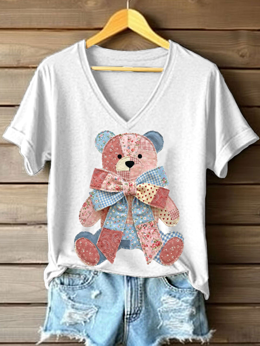 Patchwork Floral bonito urso padrão v-Neck t-shirt do mulheres