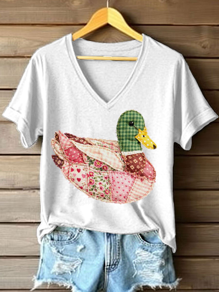 Patchwork Vintage pato Mallard padrão t-shirt v-Neck feminino