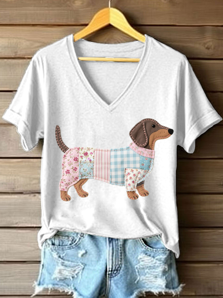 Patchwork arte Dachshund padrão v-Neck t-shirt do mulheres
