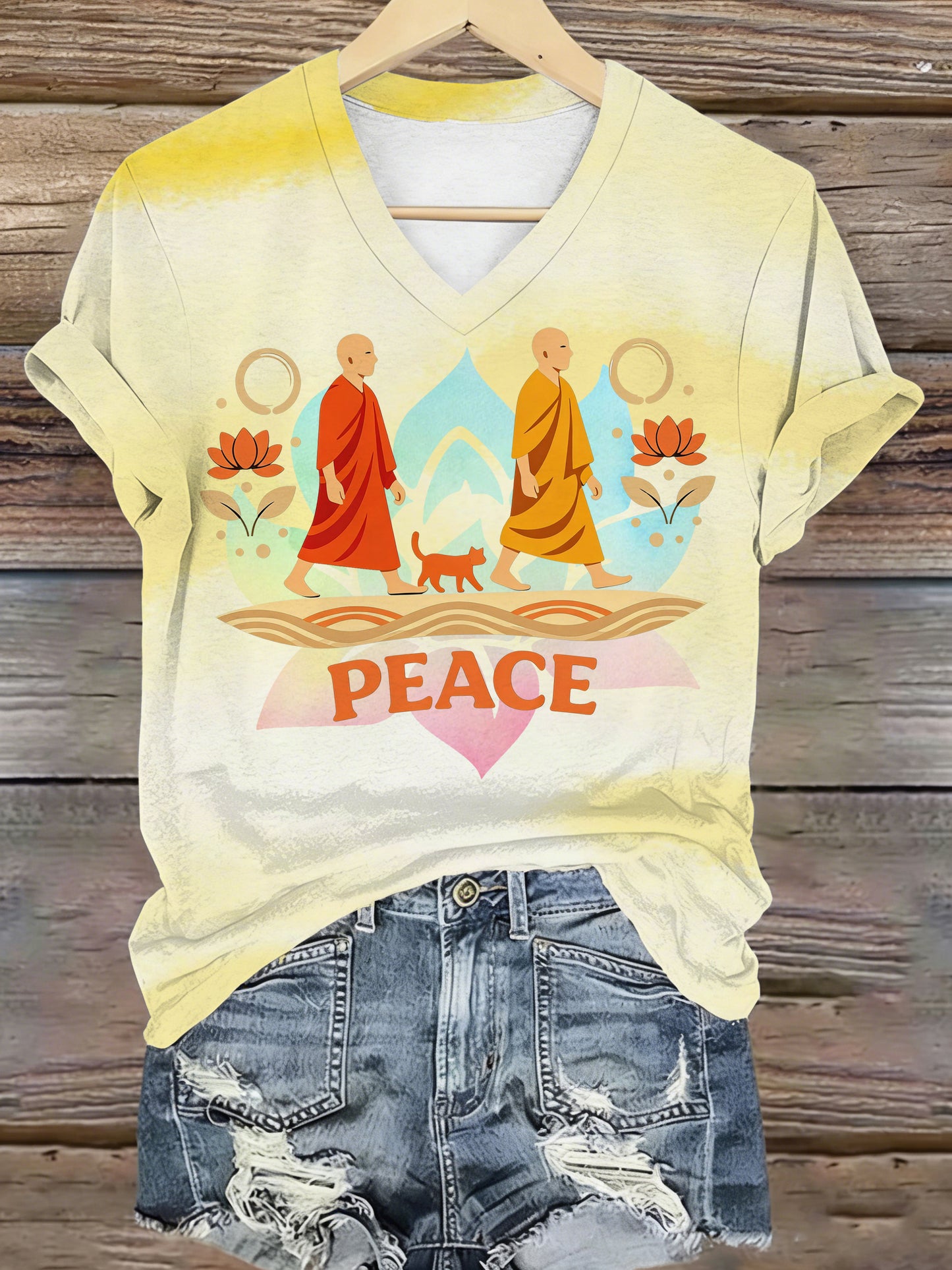 Camisola de manga curta com decote em v feminino com impressão do elemento "Caminhada pela Paz".