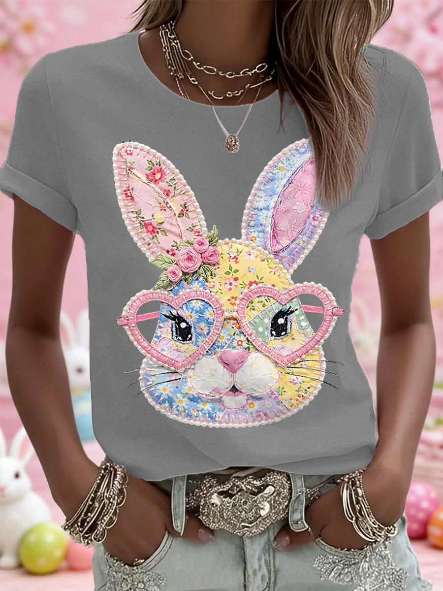 Páscoa das mulheres Floral Bunny Patchwork Imprimir Casual Tee