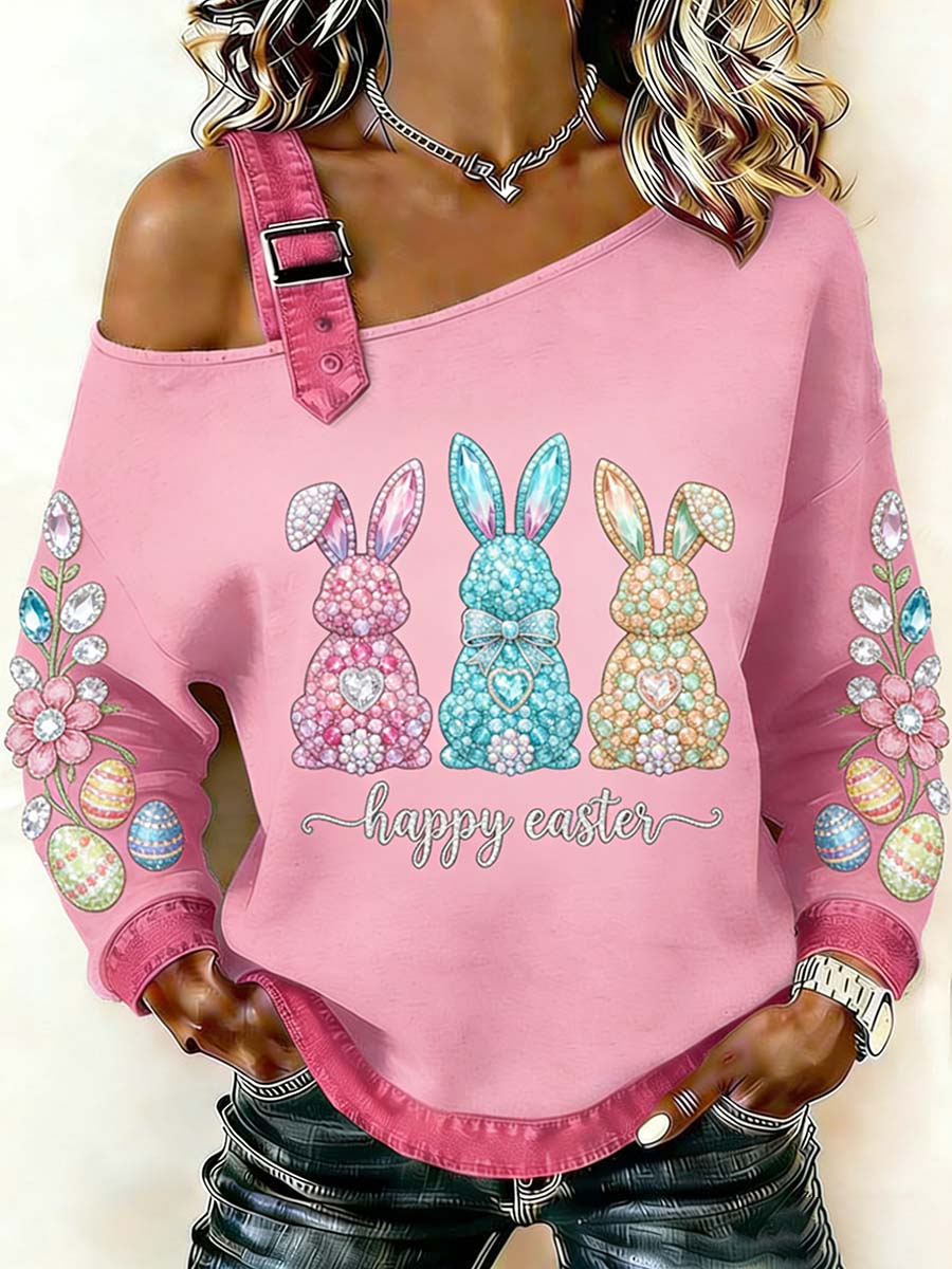 Fantasia das mulheres Coelhinho da Páscoa Imprimir Casual Off-Shoulder Sweatshirt