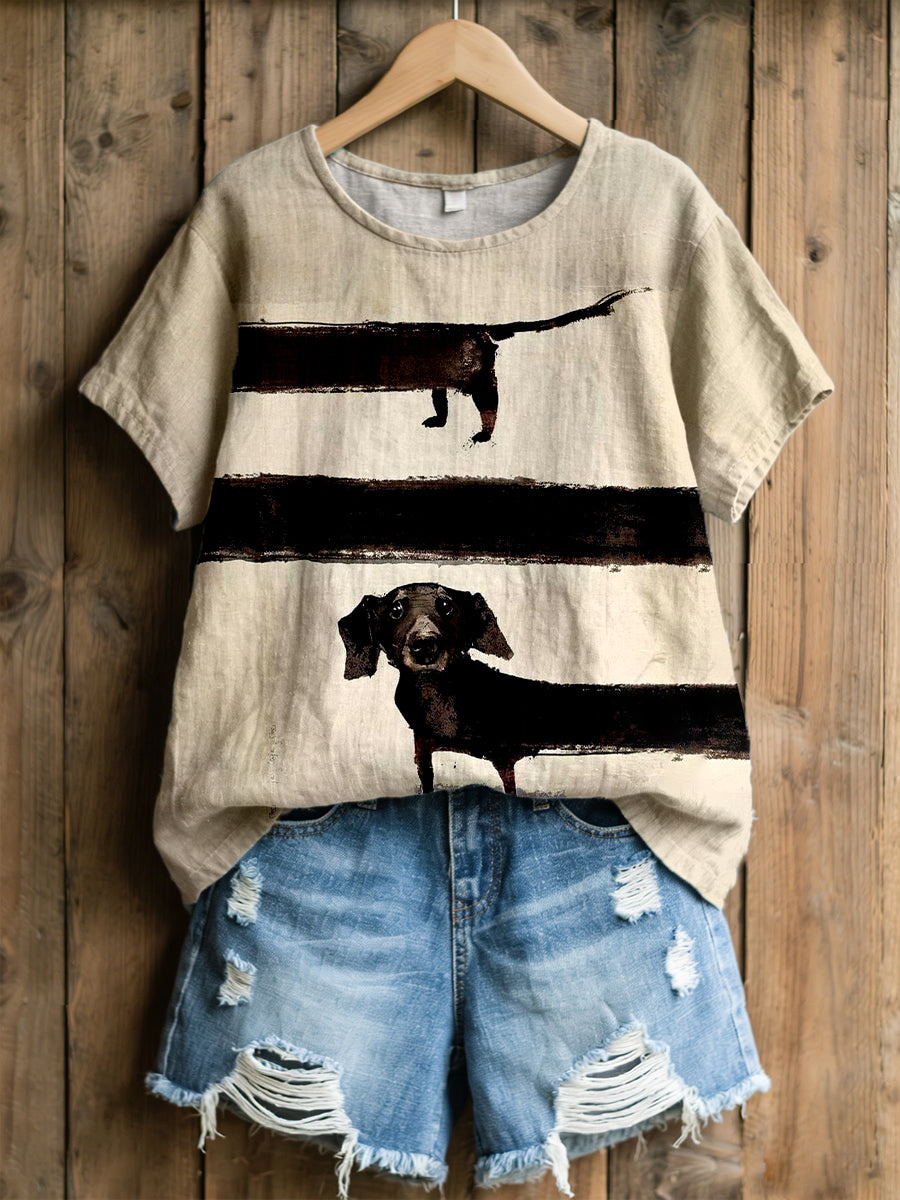 Dachshund Art Print Linho Mistura T-shirt das mulheres