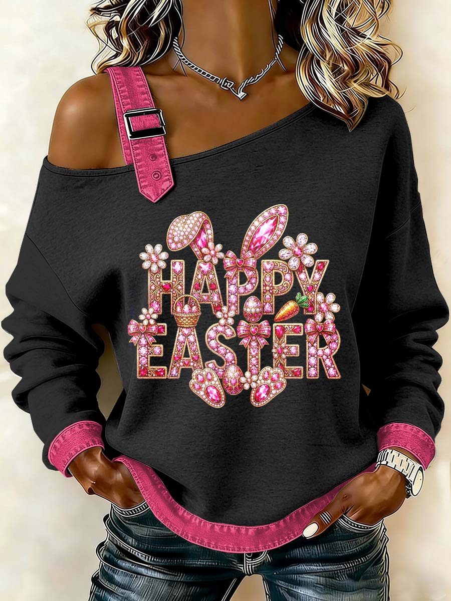 Fantasia das mulheres Coelhinho da Páscoa Imprimir Casual Off-Shoulder Sweatshirt