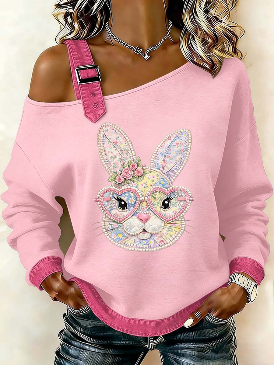 Fantasia das mulheres Coelhinho da Páscoa Imprimir Casual Off-Shoulder Sweatshirt