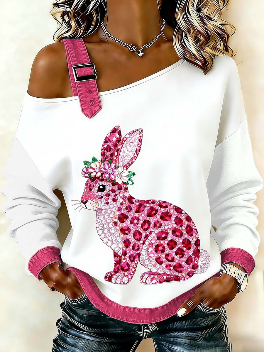 Fantasia das mulheres Coelhinho da Páscoa Imprimir Casual Off-Shoulder Sweatshirt