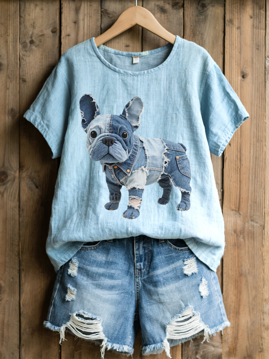 Bulldog francês lindo Denim Patchwork padrão linho mistura camisa do mulheres