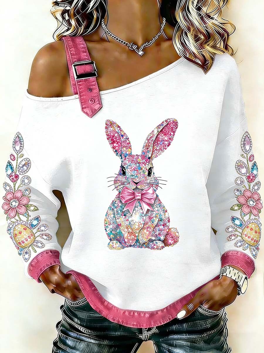 Fantasia das mulheres Coelhinho da Páscoa Imprimir Casual Off-Shoulder Sweatshirt