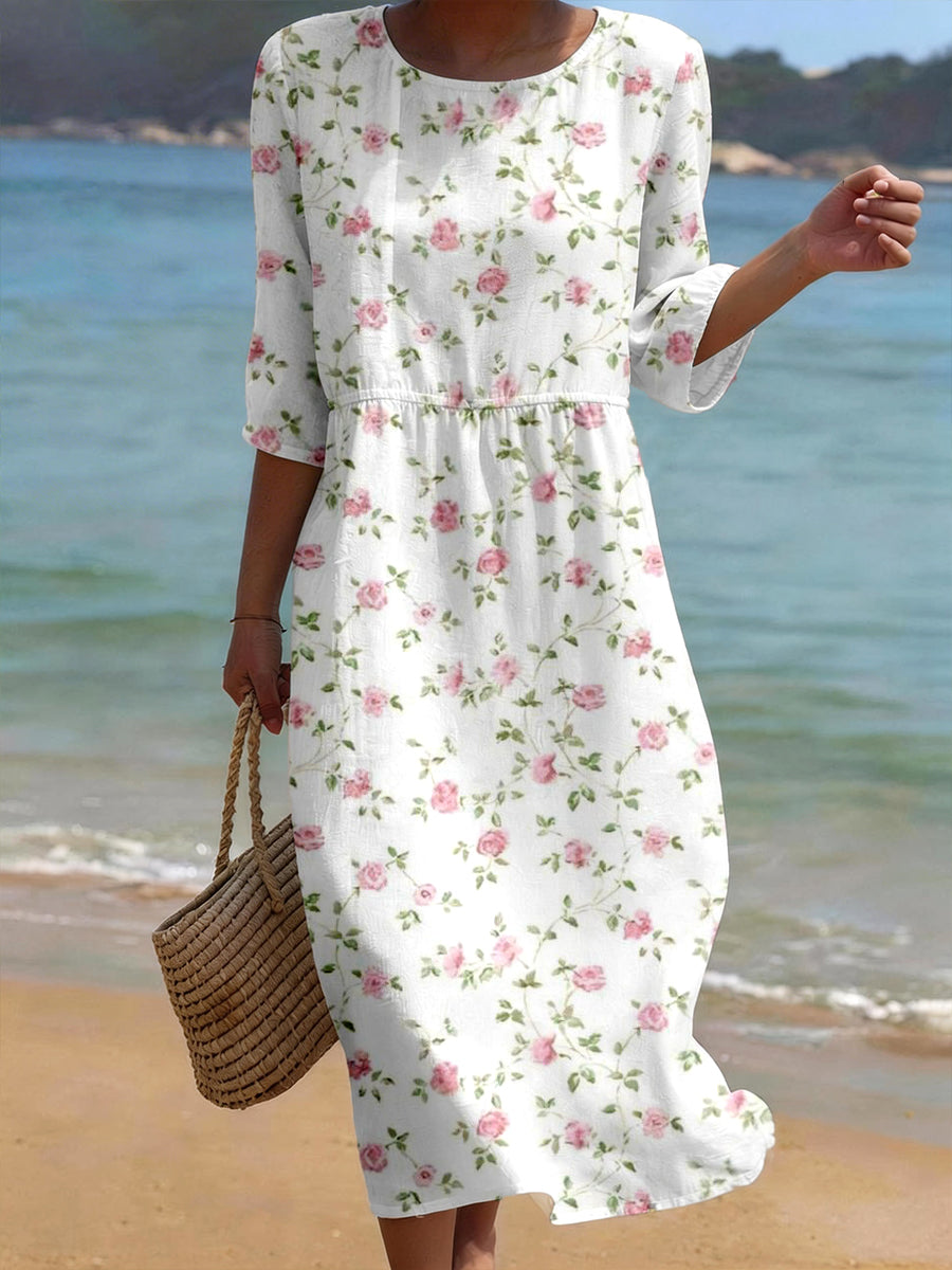 Vestido Mistura de linho padrão Floral feminino