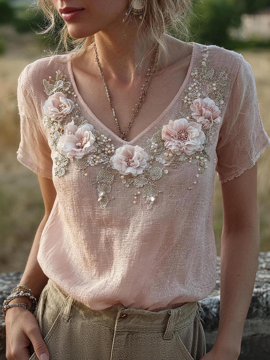 Camisa de Mistura de Linho com Estampa Floral Bordada para Mulheres