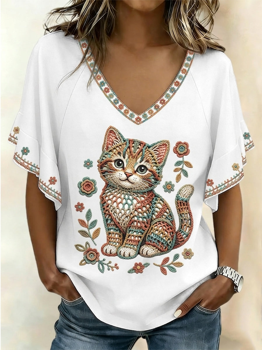 T-shirt de mangas curtas arte gato feminino
