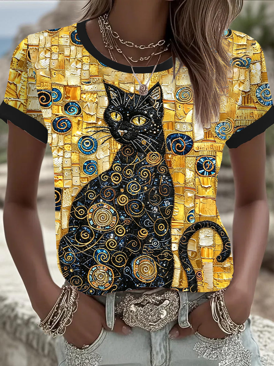 Camiseta feminina de manga curta com estampa de gato preto brilhante