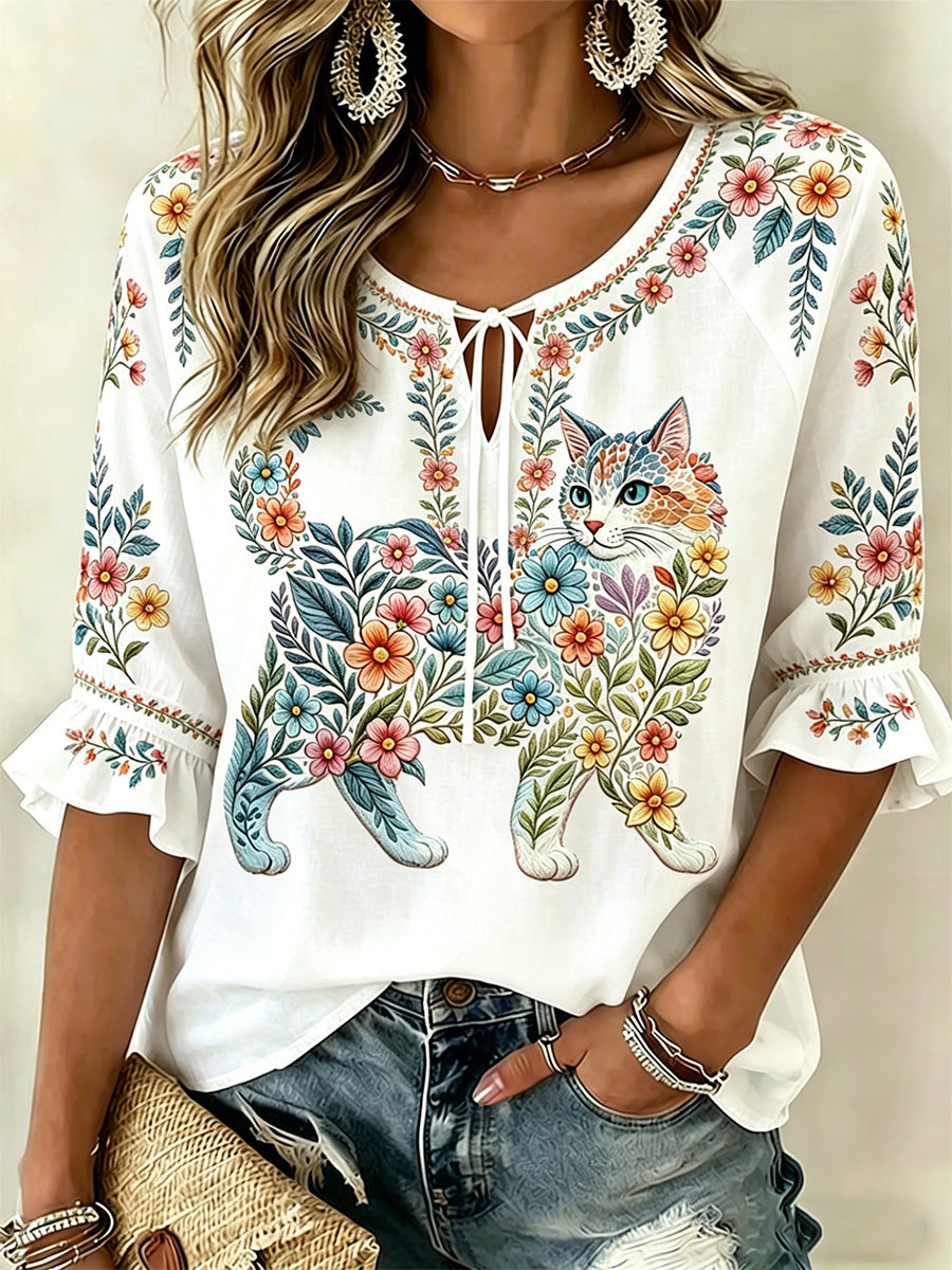 Top casual feminino com estampa de gatos e flores