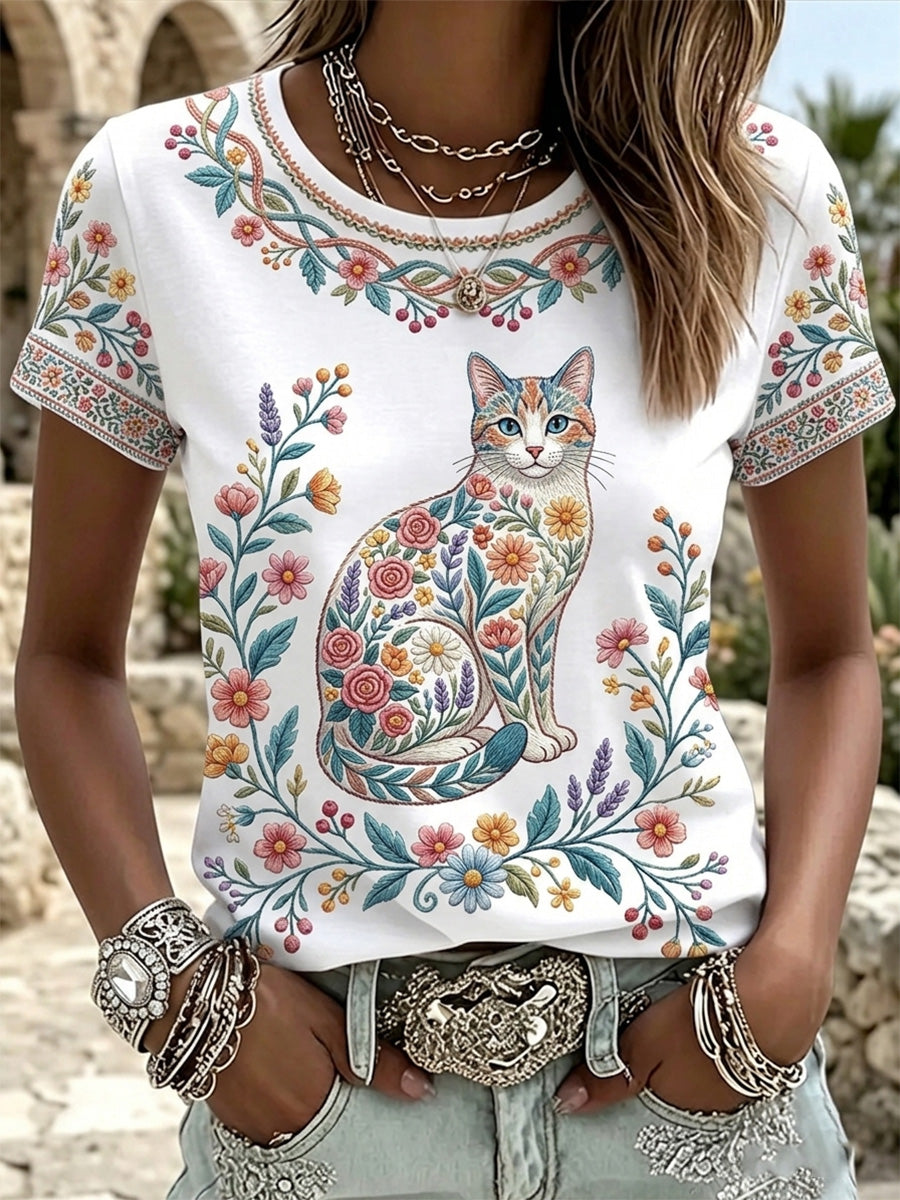 Camiseta casual feminina com estampa de gatos e flores
