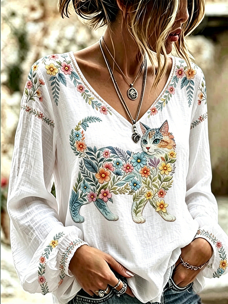 Blusa feminina casual de manga comprida com estampa de gatos e flores, decote em V
