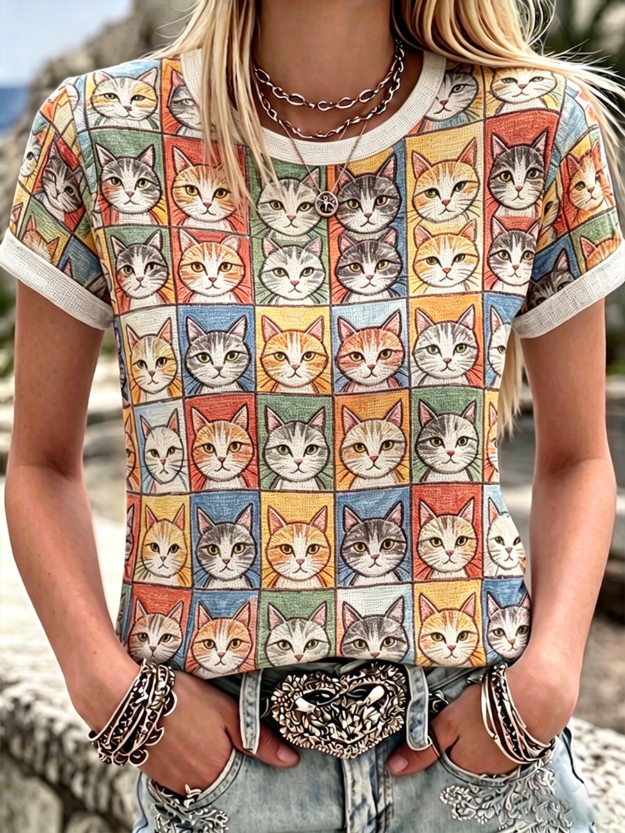 Top feminino de linho com estampa de gatos fofos e coloridos, gola redonda