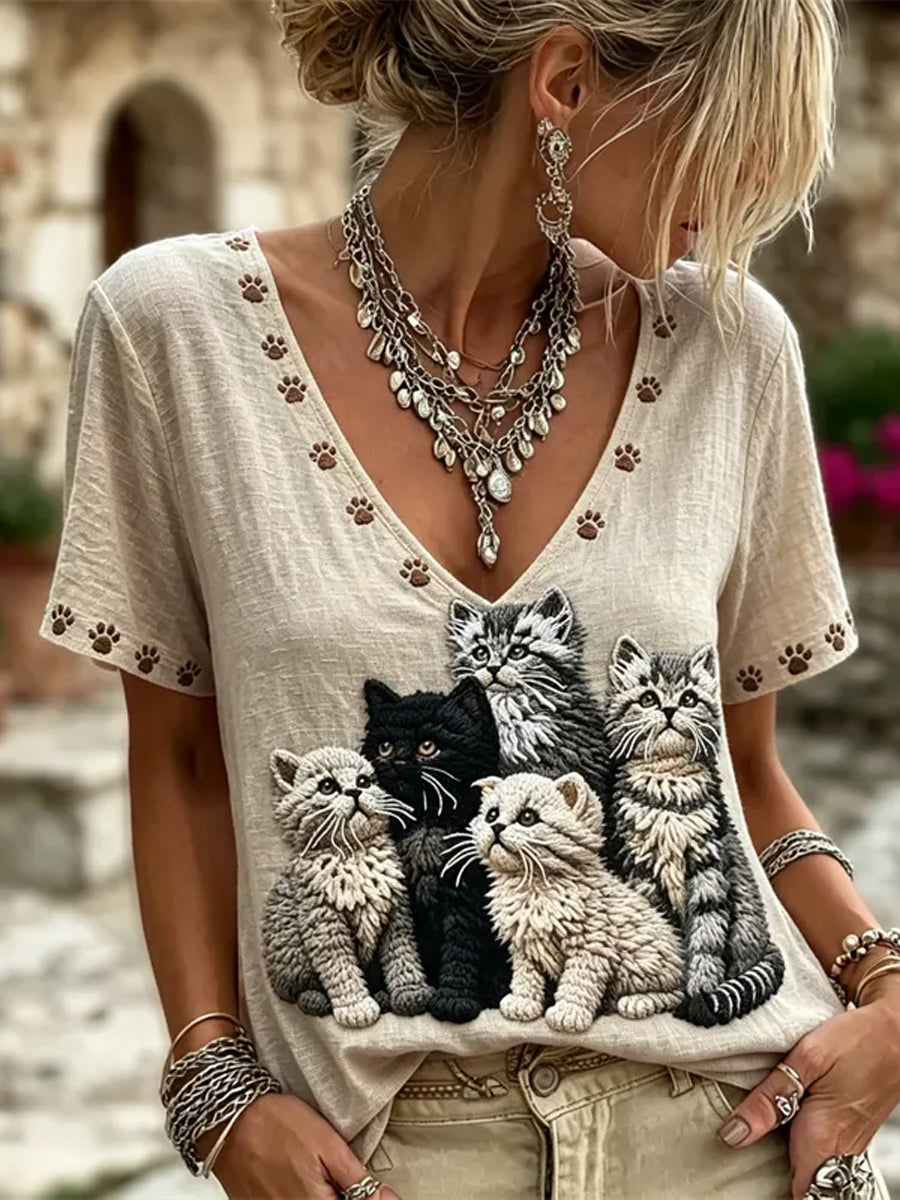 Adoráveis gatos Art & pata imprime v-Neck linho mangas curtas Top das mulheres