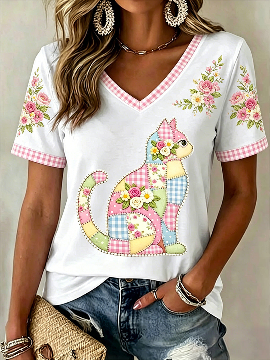 Gato Floral feminino imprimir Casual v-Neck Tee
