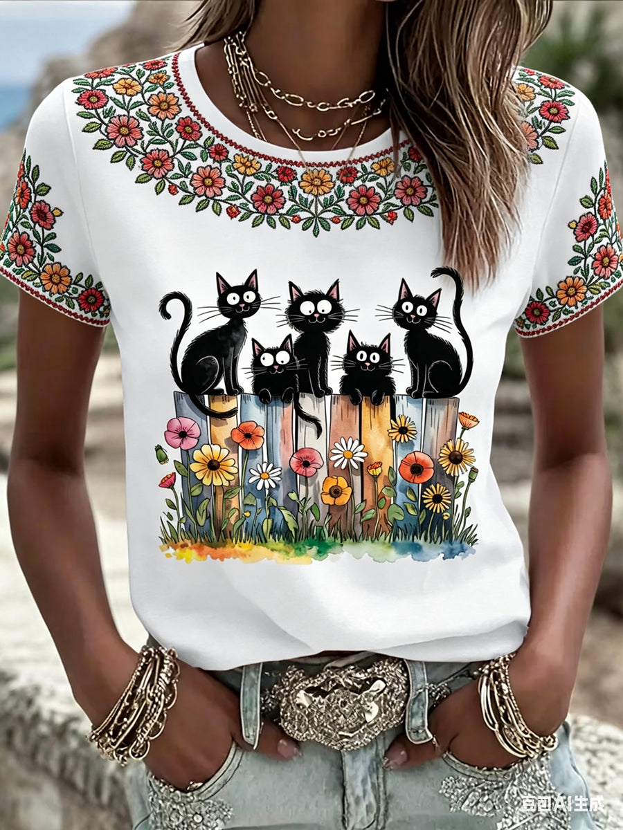 Gatos pretos florais bonitos das mulheres imprimem T Casual
