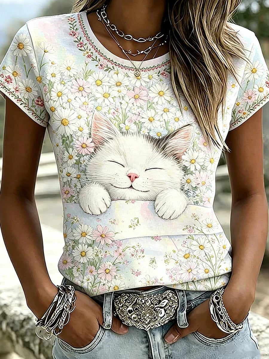 Camiseta Casual com Estampa Artística de Animais Vintage para Mulheres
