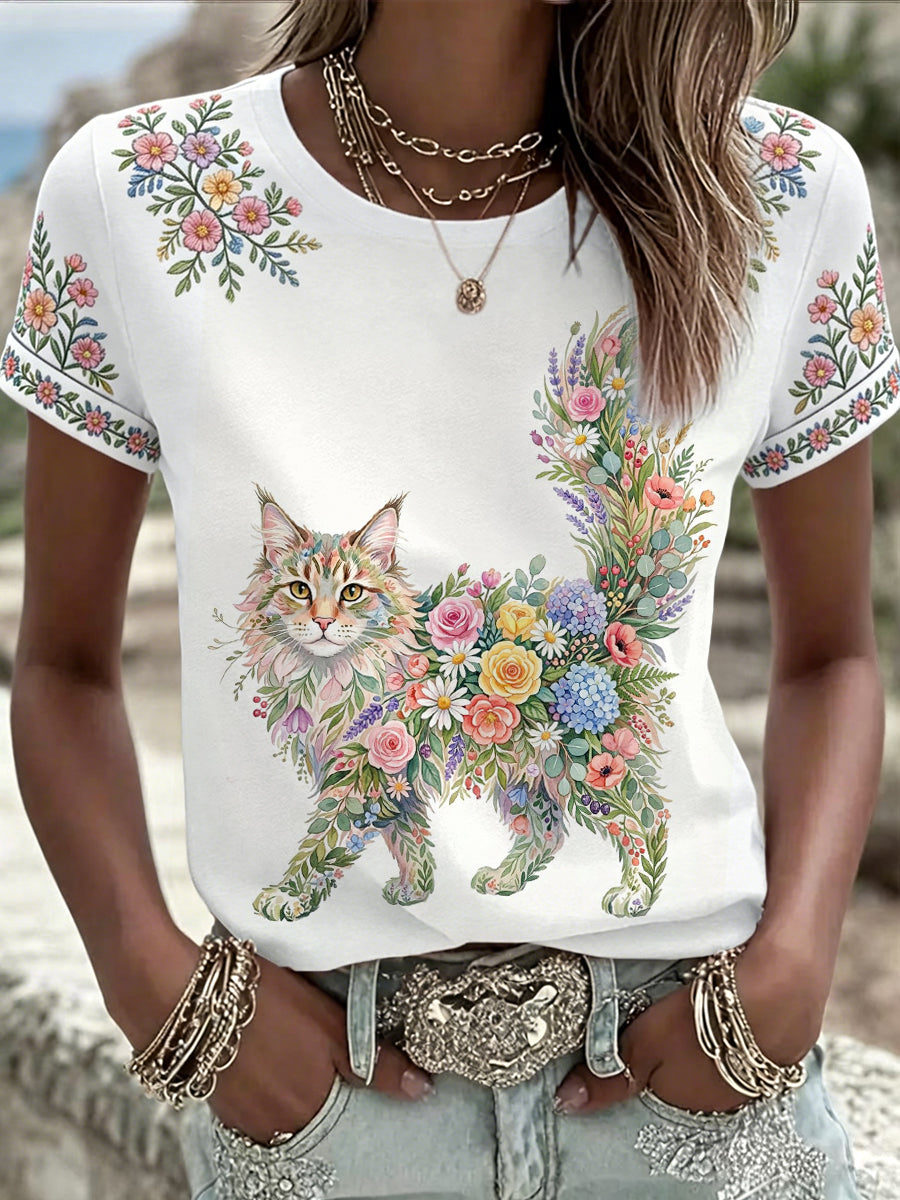 Camiseta casual feminina com estampa floral de gatos