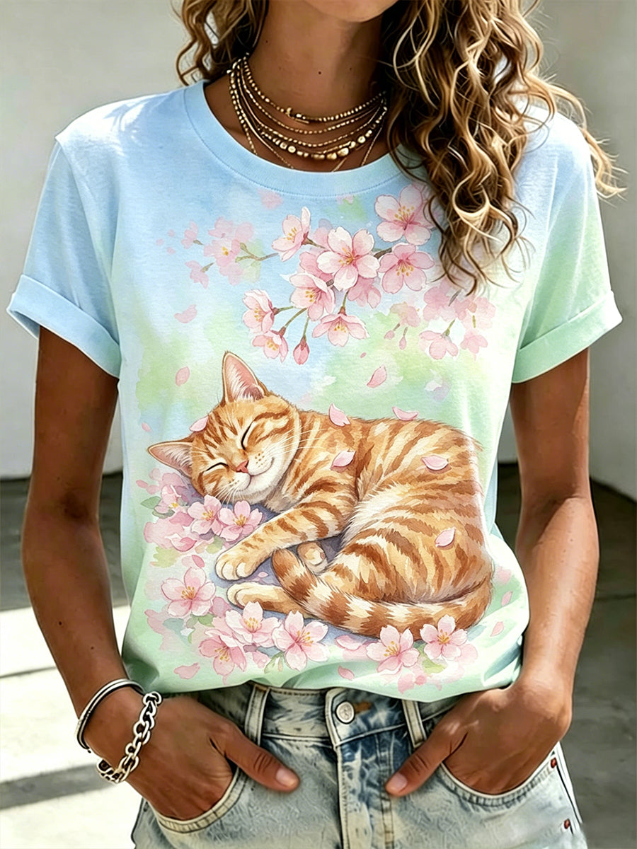 Polo feminino de manga curta com estampa artística de animais e flores