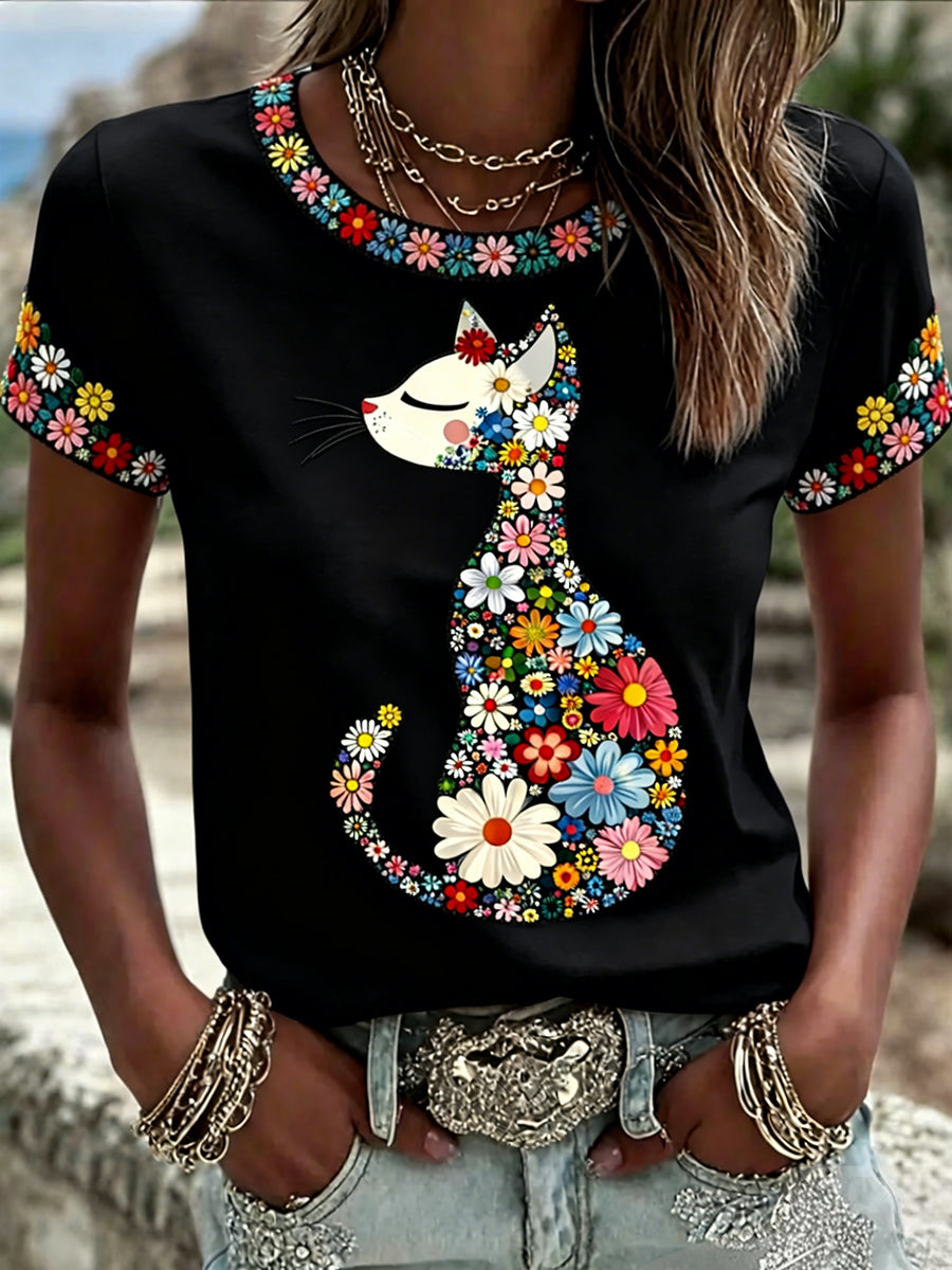 Gato Floral feminino imprime T Casual