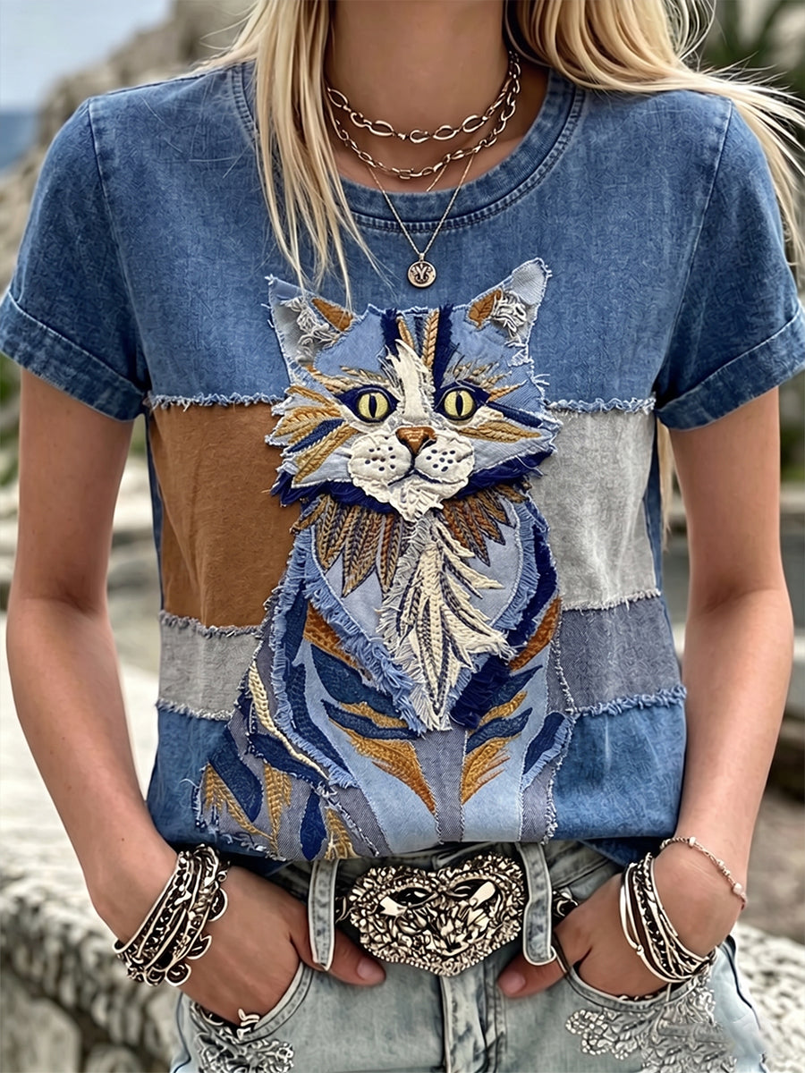 Vintage gato fuzzy retalhos arte algodão linho gola manga curta Top do mulheres